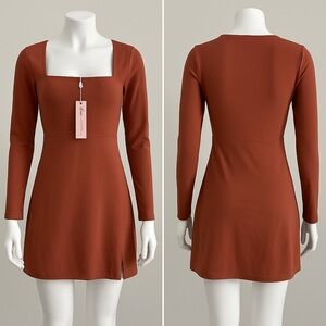 Rust Long Sleeve Square Neck Mini Dress – Size L